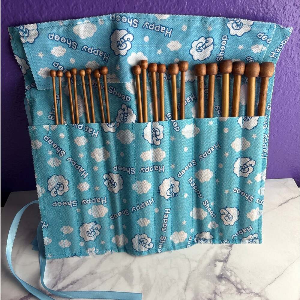 Bamboo Knitting Needles Set with Happy Sheep Roll Up Case Single Point Wooden